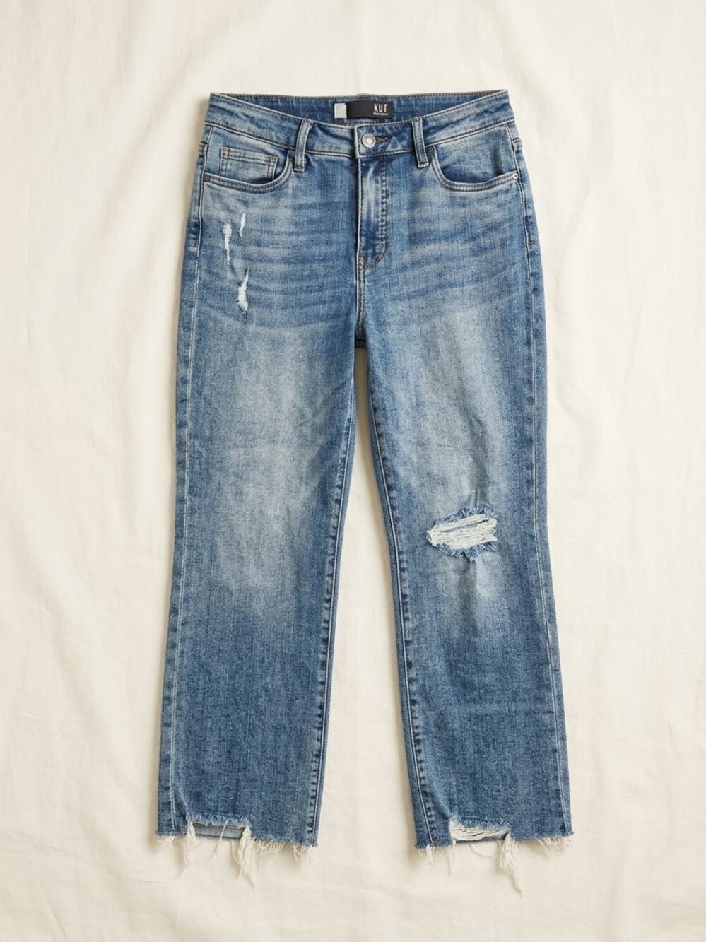 KUT From The Kloth Kelsey Fab Ab Ankle Flare Jeans Size 8 Distressed Raw Hem